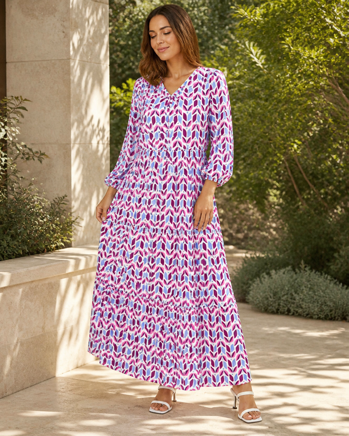 Long printed V-neck dress