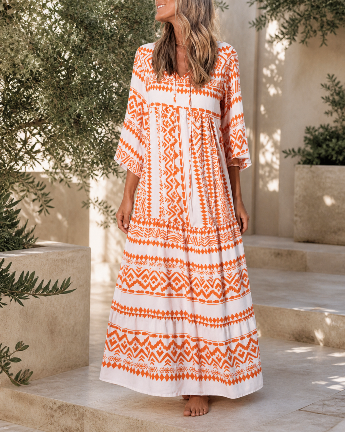 Long printed V-neck dress