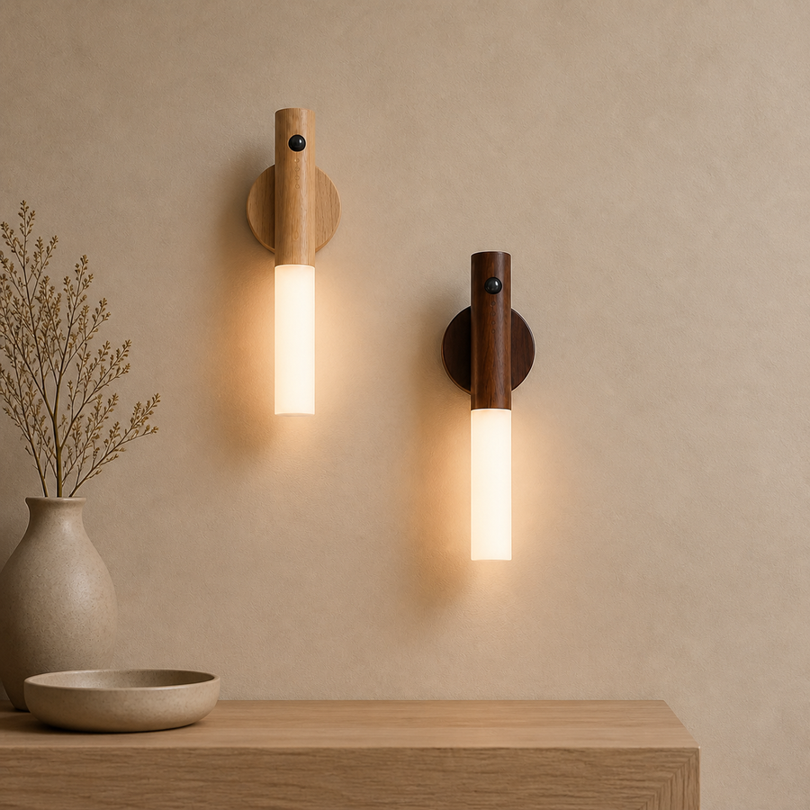 Veilleuse LED magnétique Olvyra – bois clair et noyer