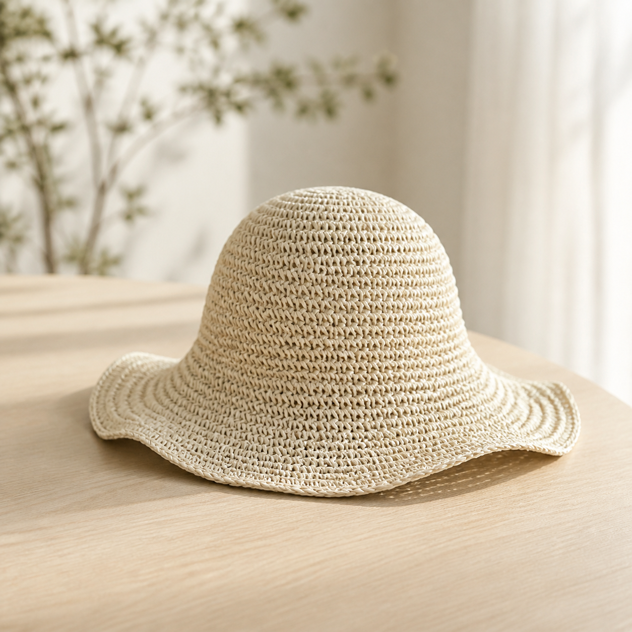 Chapeau tressé beige clair — Light beige woven wide-brim hat
