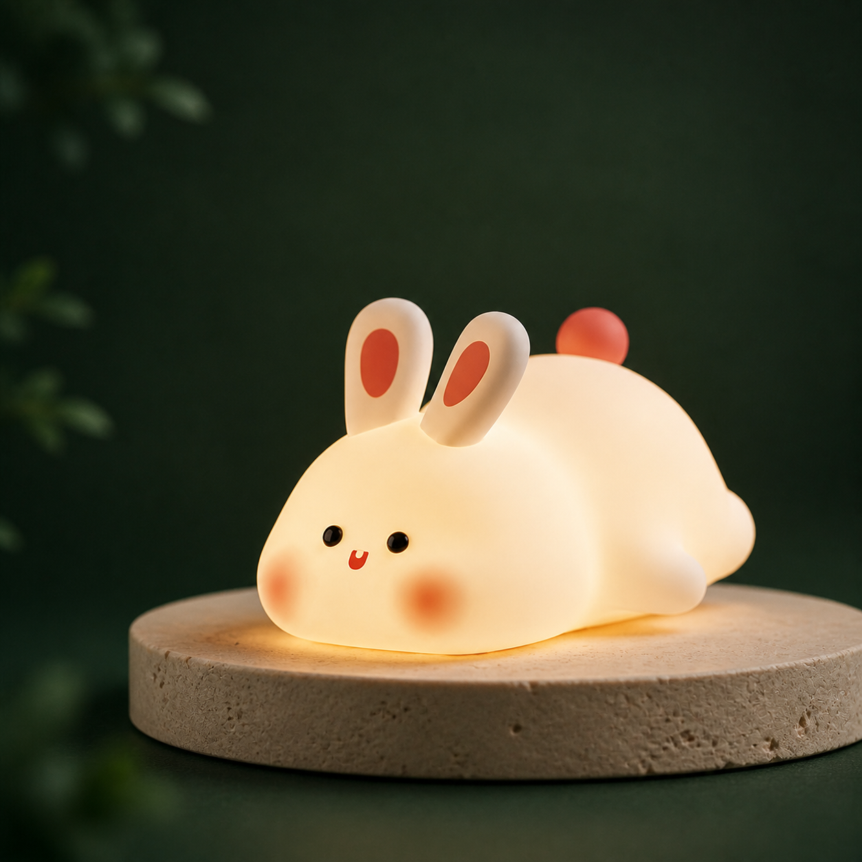 Veilleuse lapin tactile Olvyra allumée sur fond vert forêt