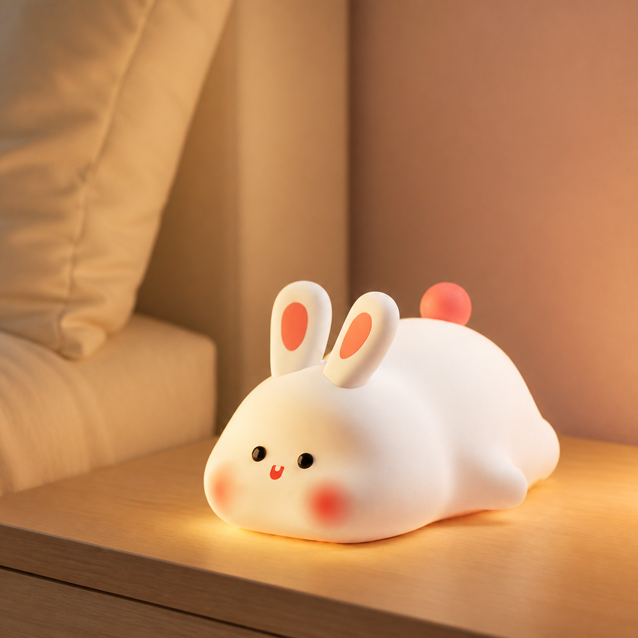Veilleuse lapin rechargeable sur une table de chevet